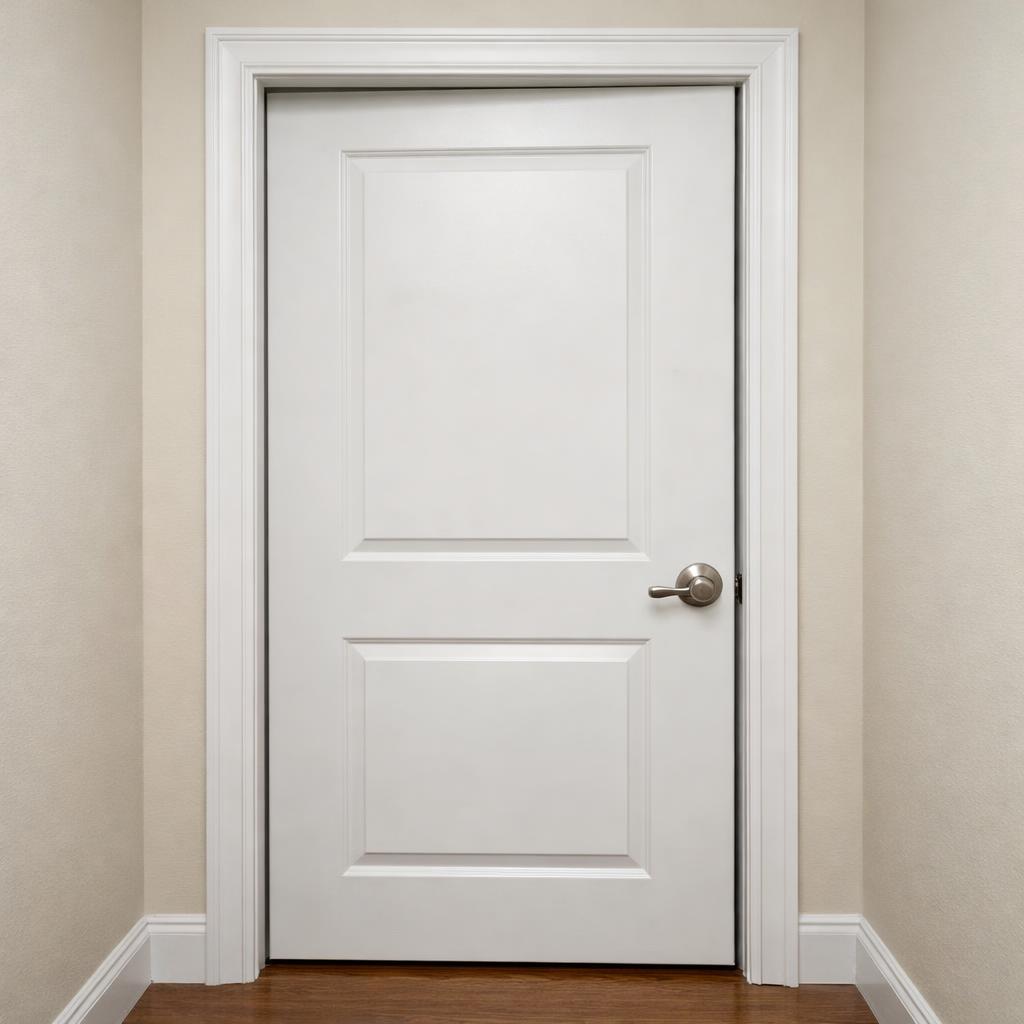 Geschlossene weiße Innenraumtür in einer Wand, frontal aufgenommen, mit Türgriff auf der rechten Seite